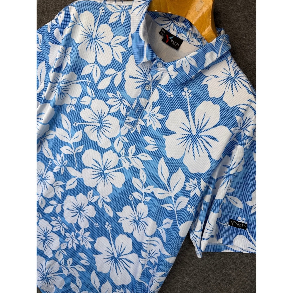 Yatta Golf Mens XXL Blue Hibiscus Floral Performance Polo Shirt Short Sleeve 2XL
